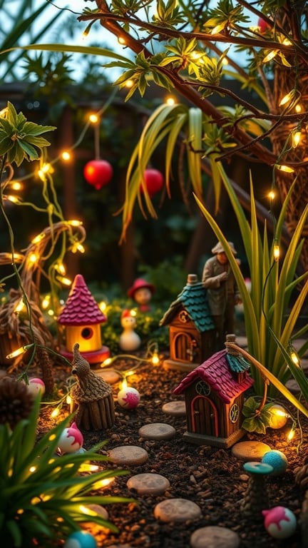 A fairy garden with colorful miniature houses and sparkling fairy lights