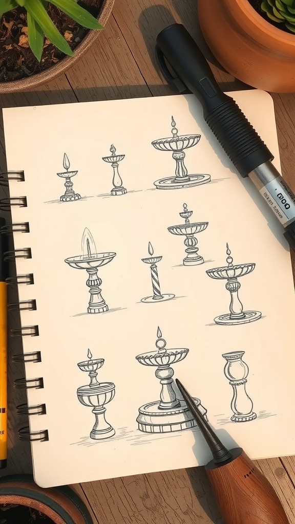 Sketches of various fountain designs in a notebook with gardening tools and a flower