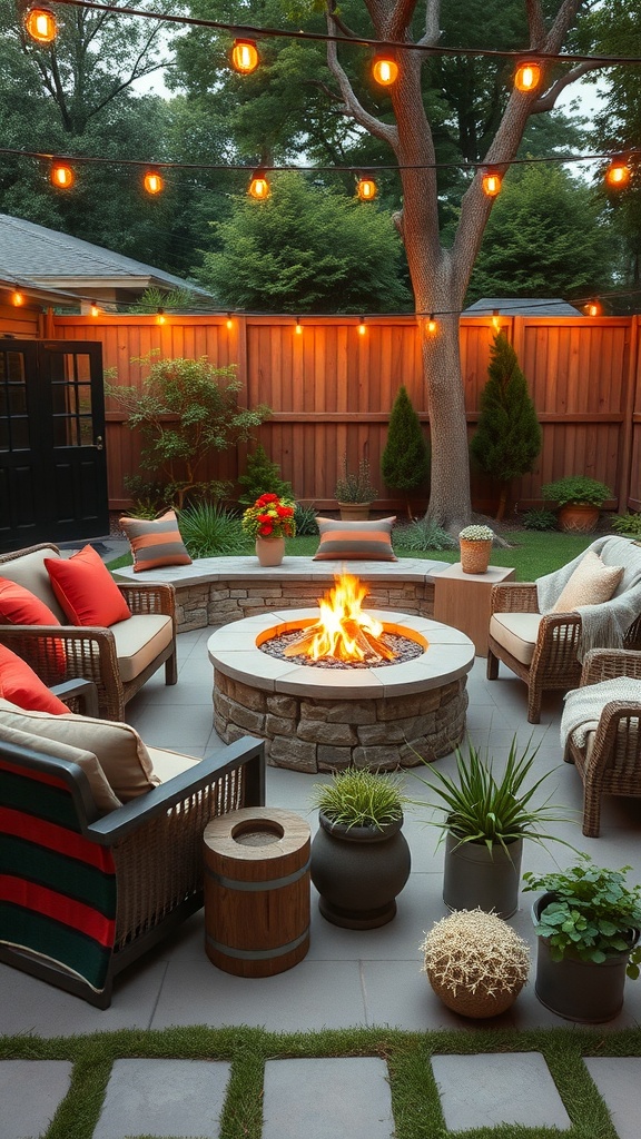 A cozy fire pit lounge with comfortable seating, plants, and string lights.
