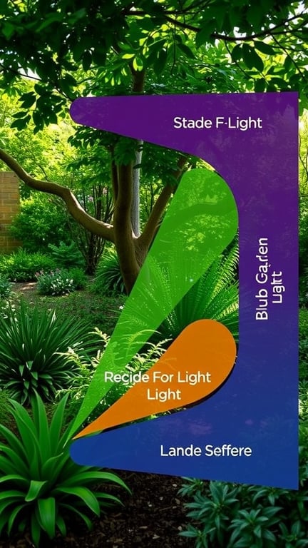 A lush shade garden with various plants and a light condition chart.