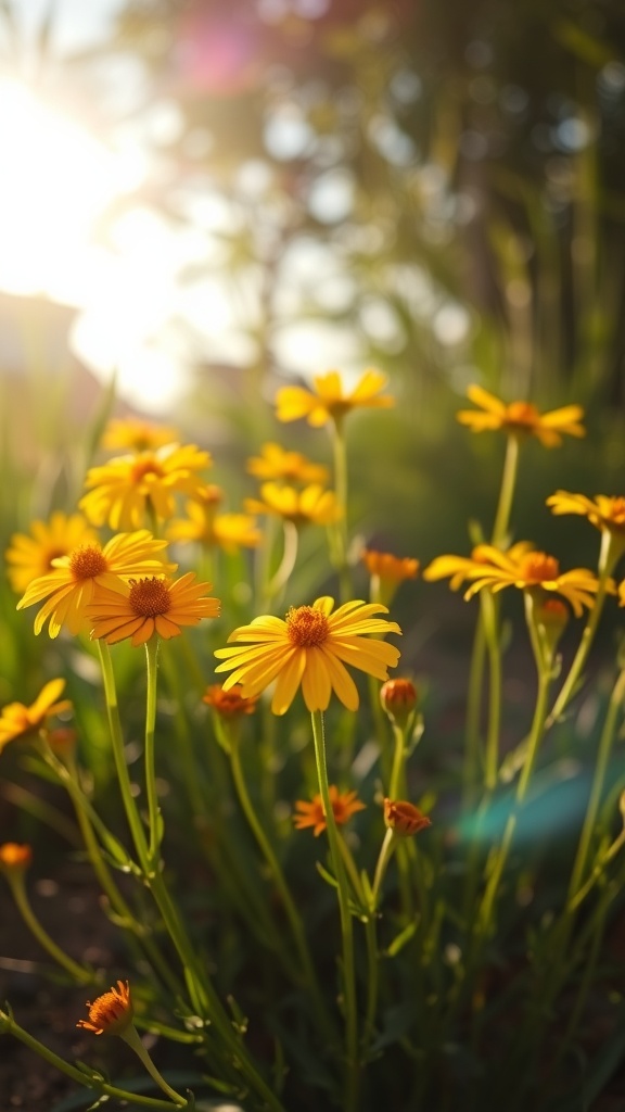 Vibrant yellow Coreopsis flowers in sunlight
