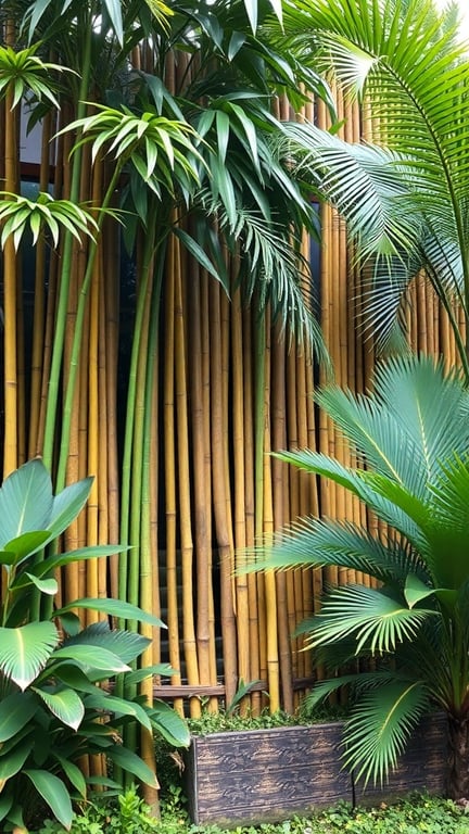 A lush bamboo privacy fence surrounded by tropical plants.