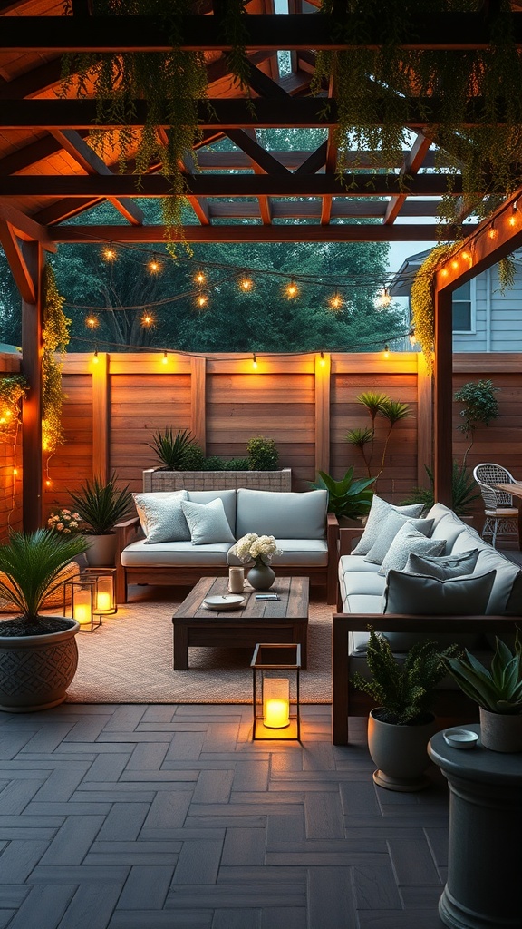 Cozy open-air living room with comfortable seating, warm lighting, and greenery.