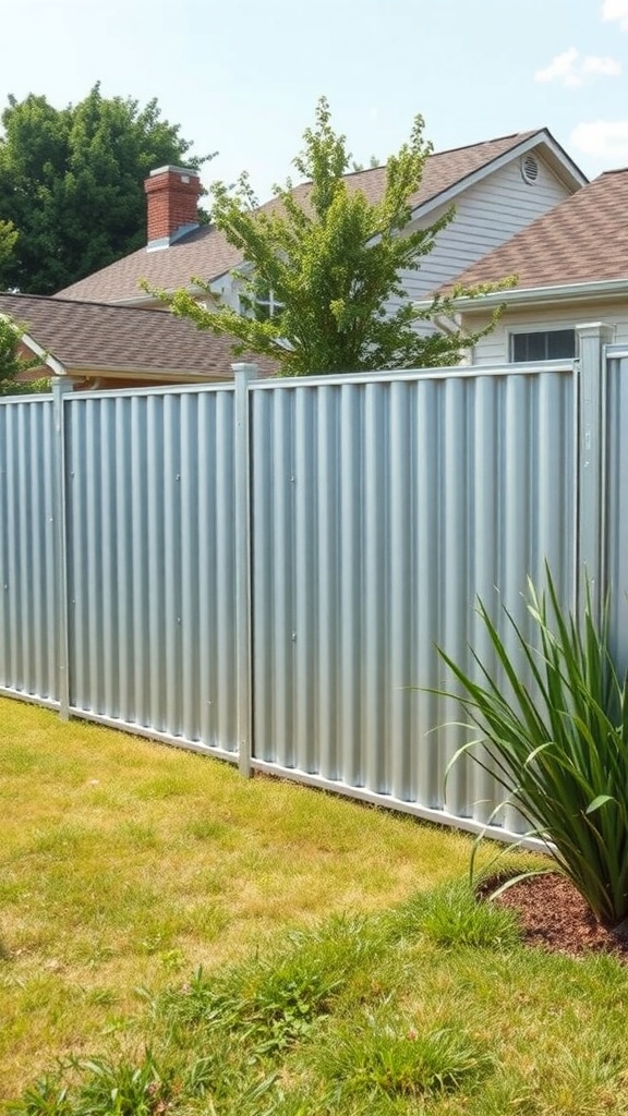 A newly installed corrugated metal fence in a residential yard, showcasing a clean and modern look.