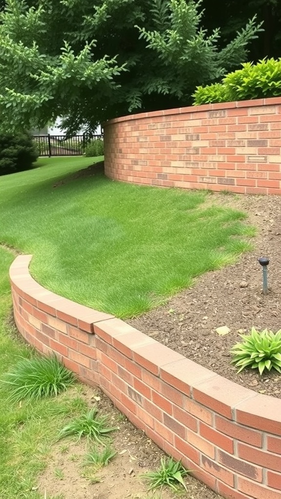 Curved brick retaining wall in a landscaped yard