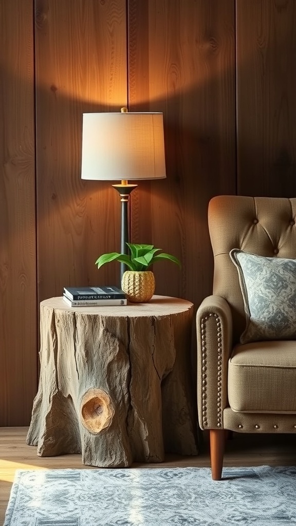 A cozy living room featuring a tree stump side table with a lamp and a plant next to an armchair.