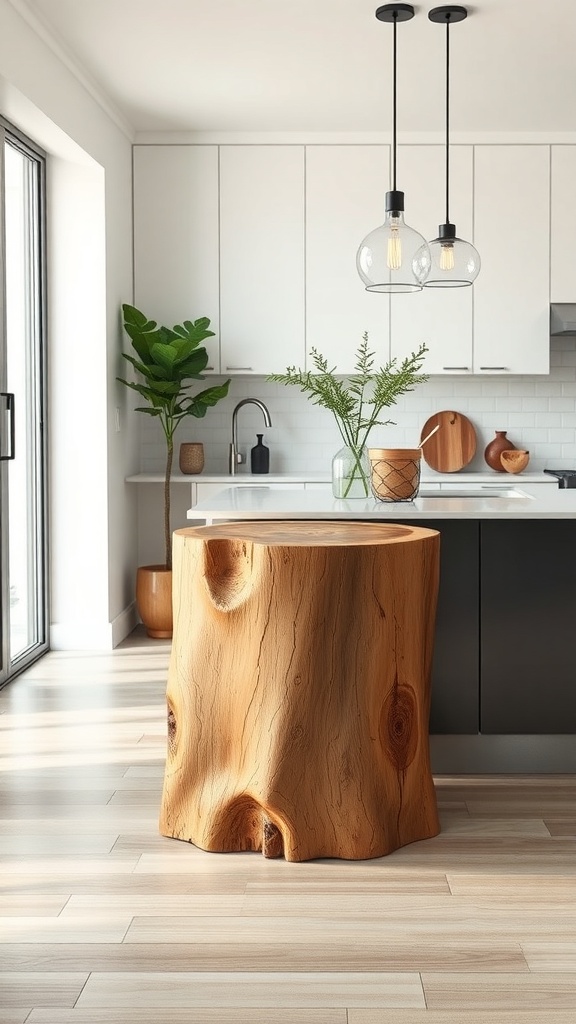 A tree stump bar stool in a modern kitchen setting