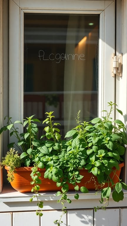 A window box filled with various green herbs on a sunny windowsill.