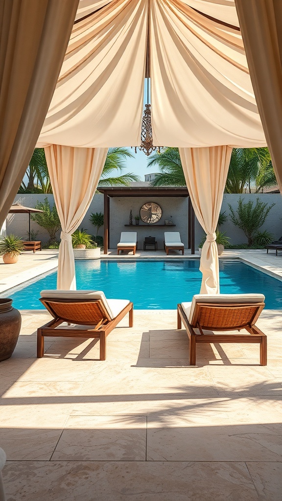 A serene poolside cabana with drapes, lounge chairs, and a sparkling pool.