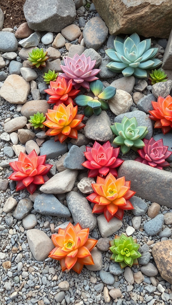 Colorful succulents arranged among smooth stones in a rockery garden.