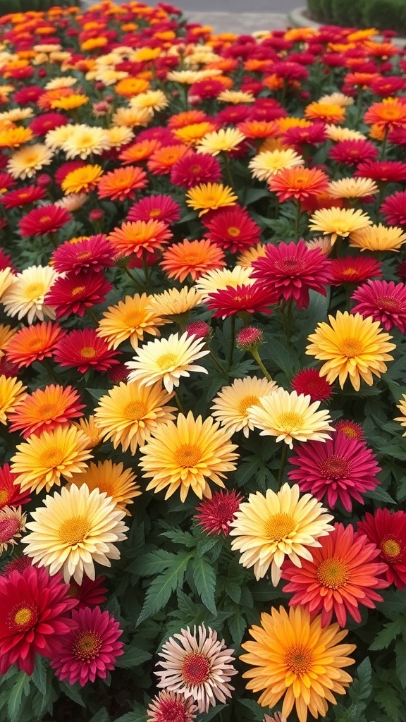 A vibrant display of colorful chrysanthemums in shades of red, orange, and yellow.