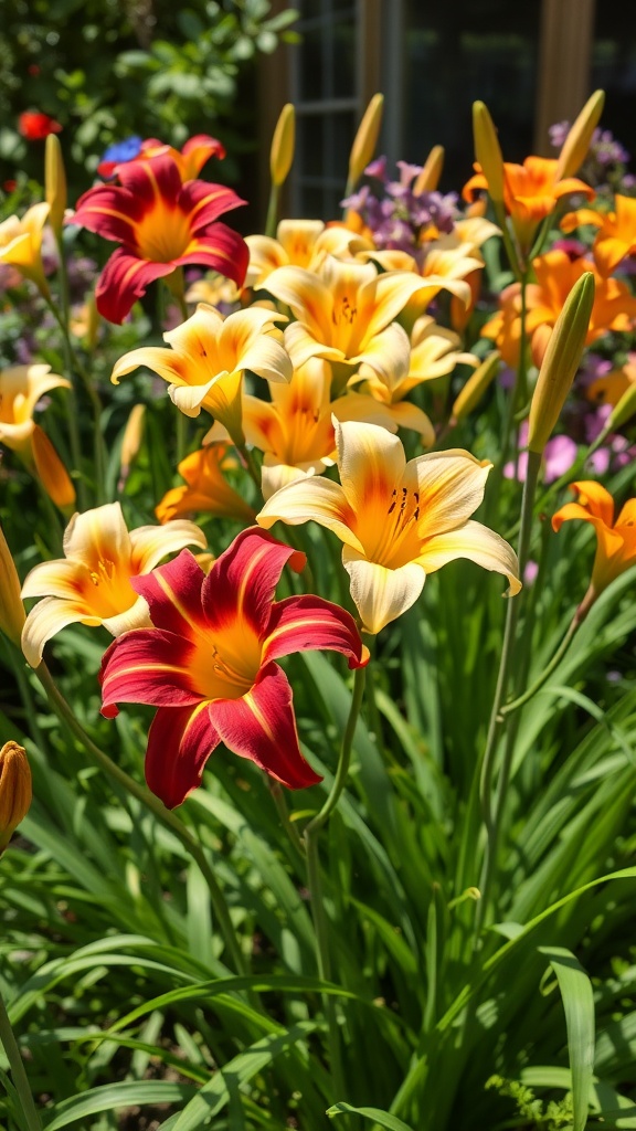A vibrant display of daylilies in red, orange, and yellow colors, showcasing their beauty in a garden setting.