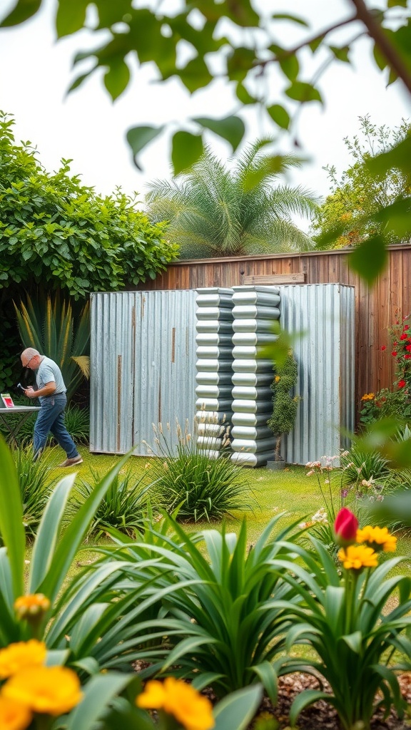 A creative garden installation made from corrugated metal, surrounded by vibrant flowers and greenery.