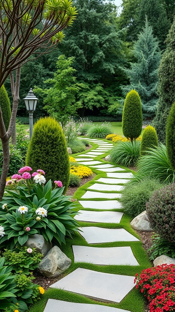 A beautiful garden pathway lined with flowers and greenery, featuring stone slabs and decorative plants.