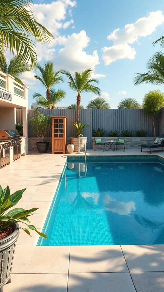 Outdoor kitchen with barbecue station next to a swimming pool, surrounded by palm trees.