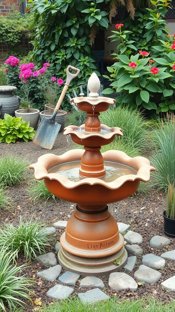 A decorative outdoor fountain made from repurposed materials, surrounded by plants and flowers.