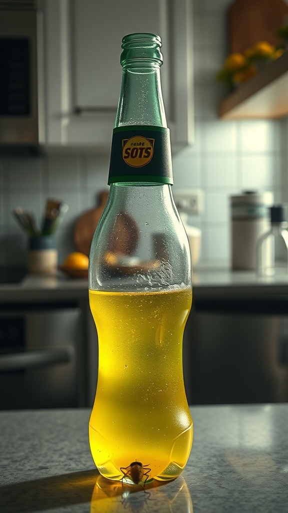 A soda bottle trap for catching fruit flies, featuring a bottle with a yellow liquid and a fruit fly inside.