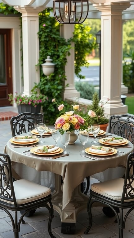 Elegant outdoor dining setup with a round table, black chairs, and a floral centerpiece.