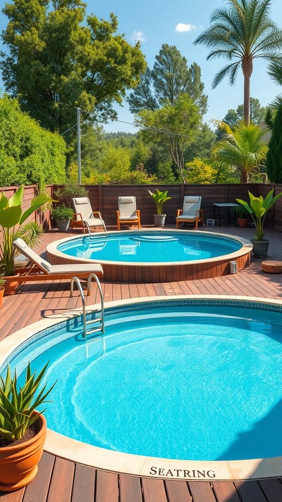 A beautifully designed above-ground pool with a wooden deck, featuring two pools and potted plants.