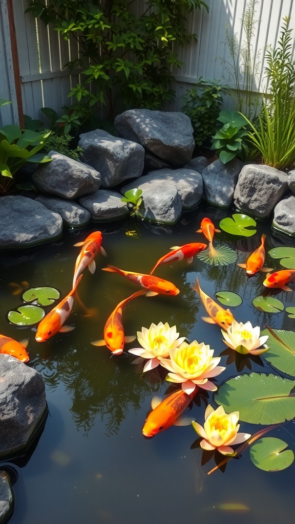 A tranquil pond with koi fish and lily pads surrounded by rocks and greenery.