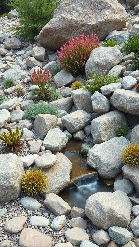 A serene rockery garden featuring large stones, colorful plants, and a small water stream.