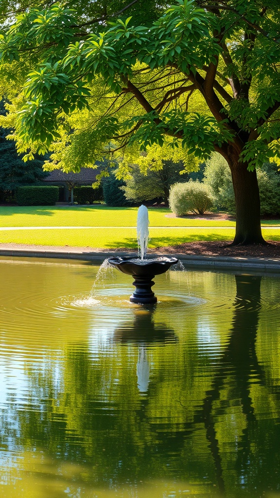 A serene water fountain under a lush tree, surrounded by greenery.