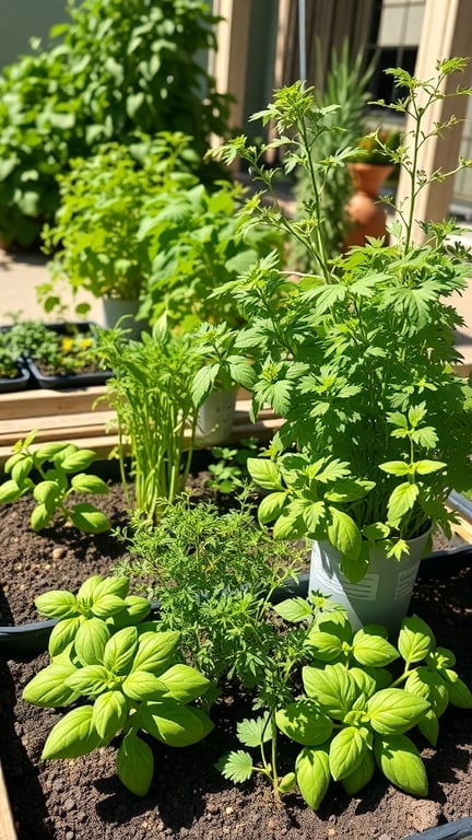 A vibrant culinary herb garden with basil, cilantro, and young carrots growing in soil.