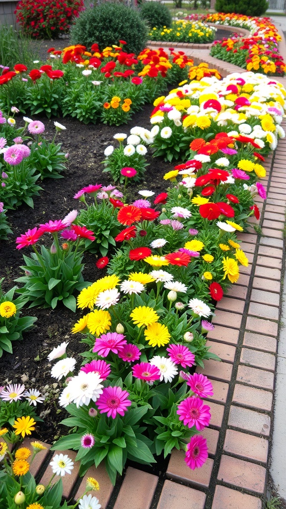 Colorful flower bed with brick edging