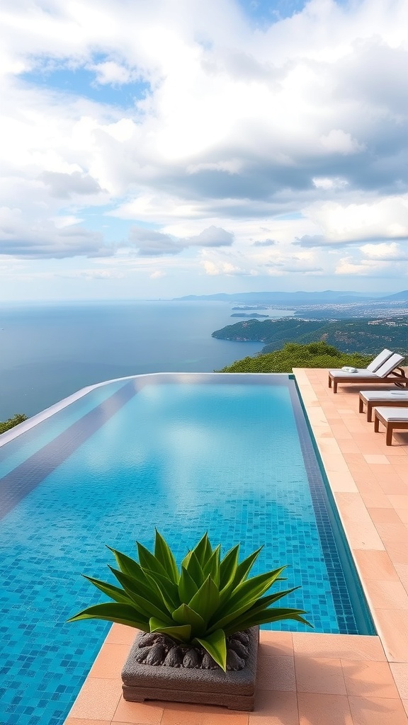 A beautiful infinity pool overlooking a scenic view with lounge chairs and a plant in the foreground.