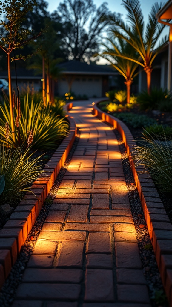 A beautifully lit garden pathway bordered by brick edging, showcasing a warm and inviting atmosphere.