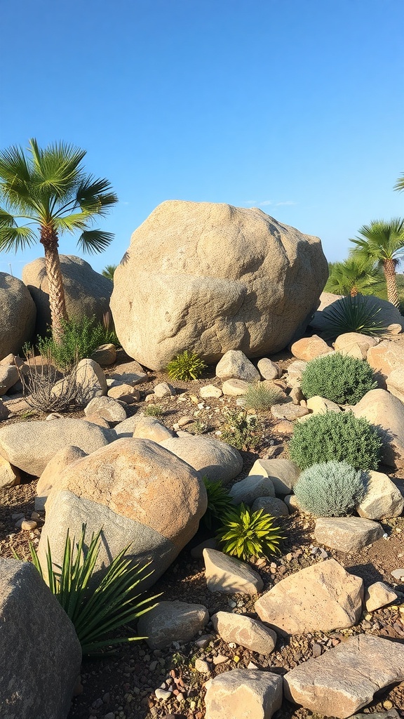 A rockery garden featuring large boulders, smaller rocks, and palm trees under a clear blue sky.