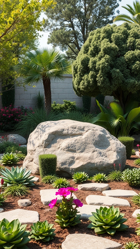 A landscaped garden featuring a large rock surrounded by succulents and flowers.