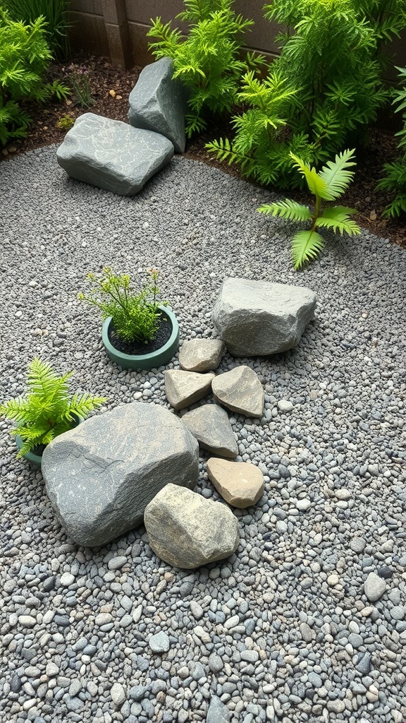 A miniature Zen garden with smooth stones, pebbles, and ferns.