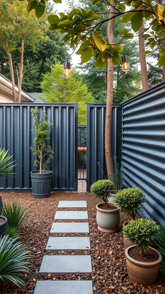 A modern garden with a corrugated metal fence, stone pathway, and potted plants.