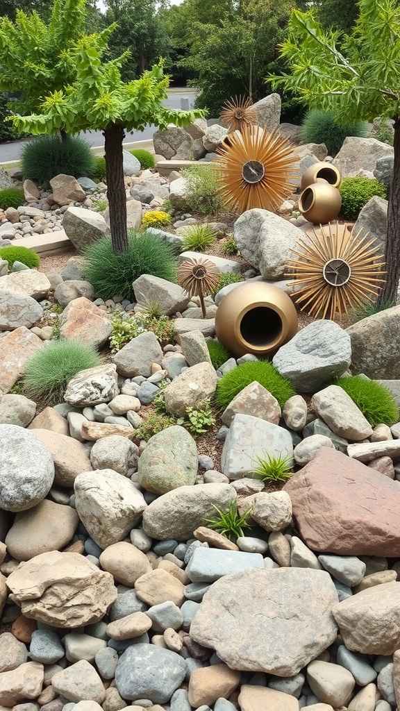 A rockery garden featuring various stones, green plants, and golden sunburst sculptures.