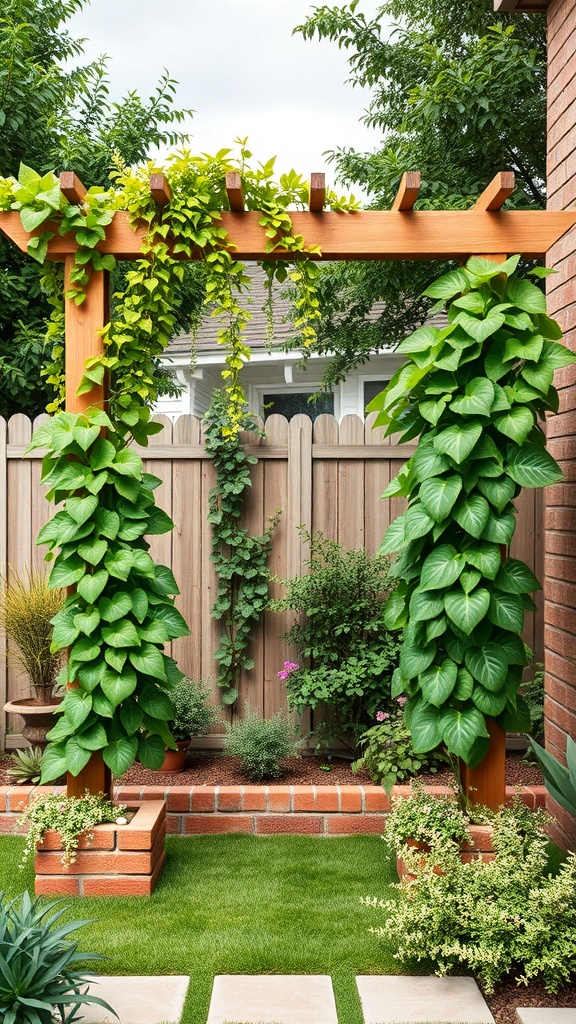 A wooden trellis with climbing plants in a backyard garden.
