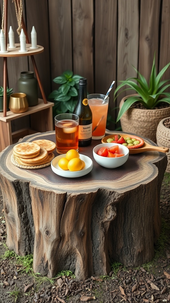A rustic tree stump serving tray with drinks, fruits, and pancakes arranged on it.