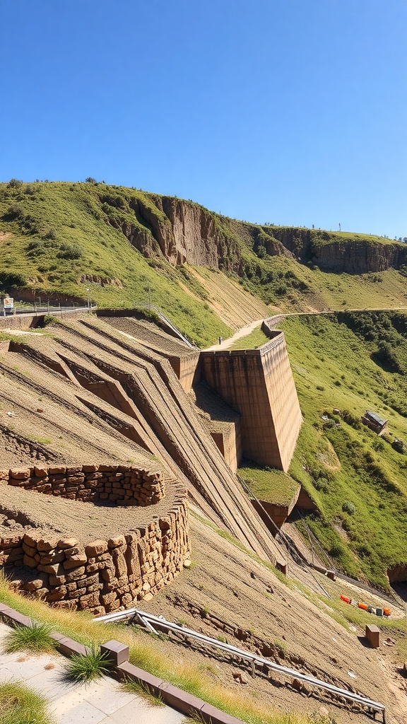 A reinforced earth retaining wall on a slope, showcasing a blend of natural landscape and structural design.