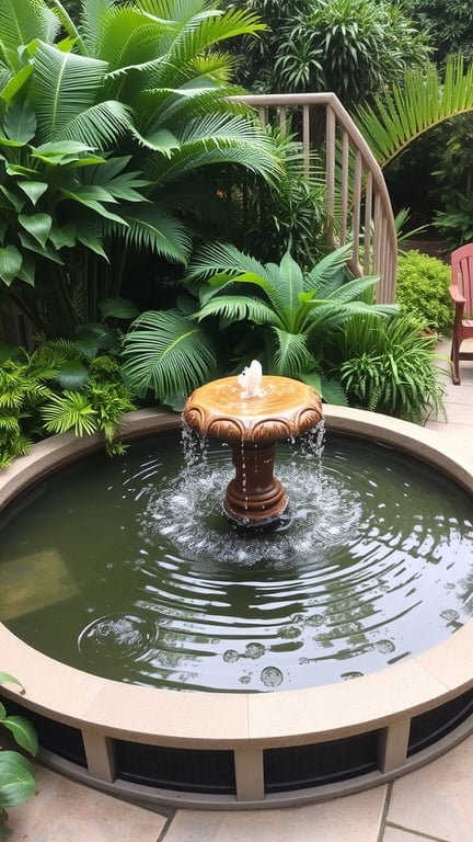 A serene patio garden featuring a fountain in a pond surrounded by lush green plants.