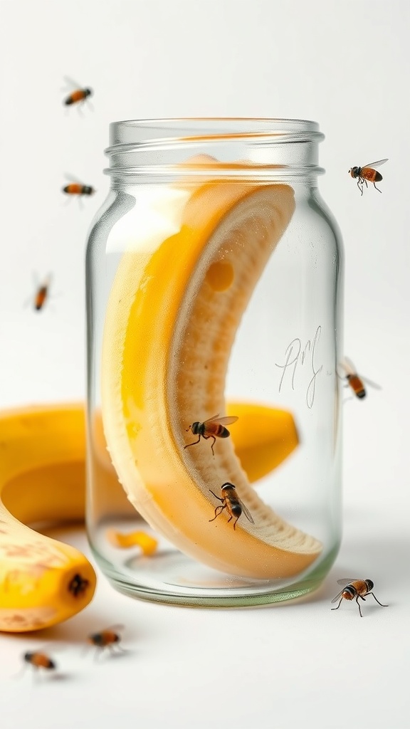 A jar with a banana peel inside, surrounded by fruit flies.
