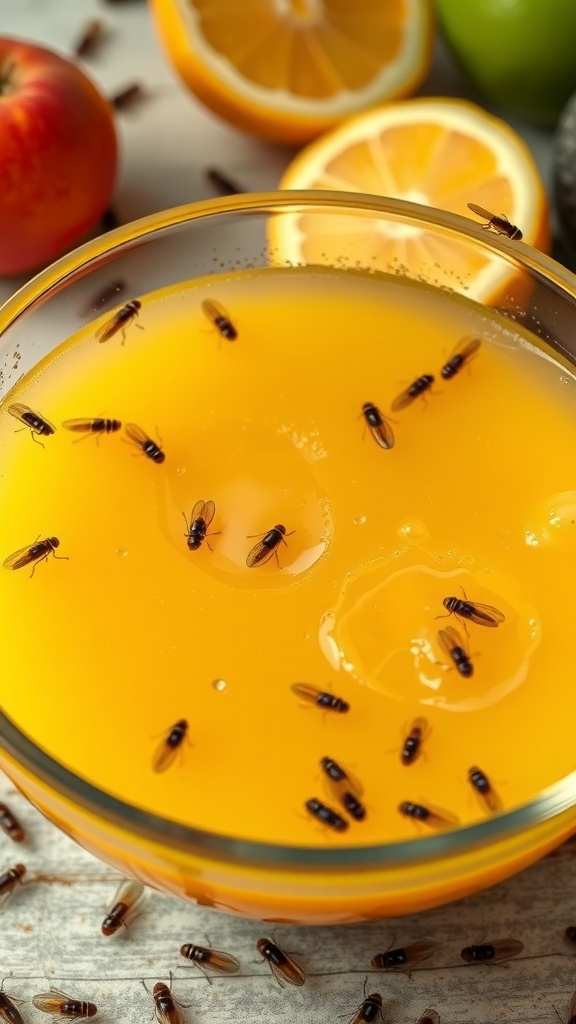 A bowl of fruit juice with fruit flies floating on the surface, surrounded by fresh fruits.