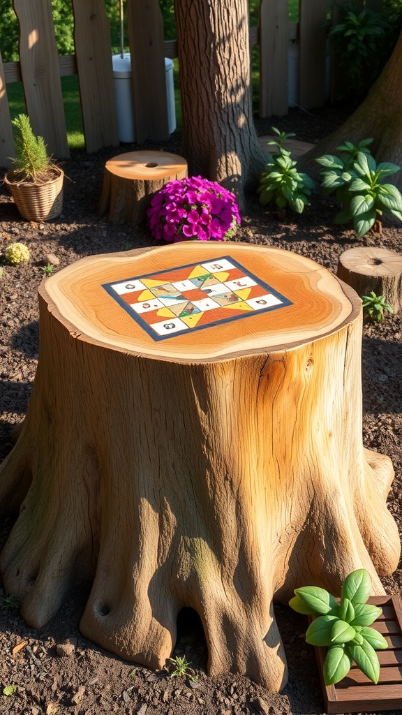 A tree stump game table with a colorful board on top, surrounded by plants.
