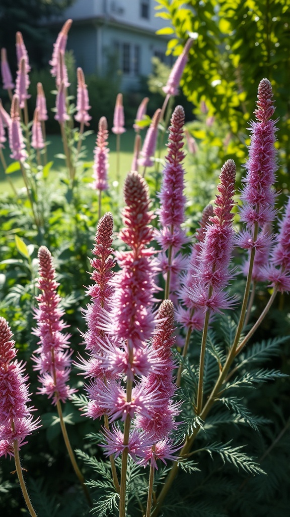 Astilbe flowers with feathery pink blooms in a garden setting