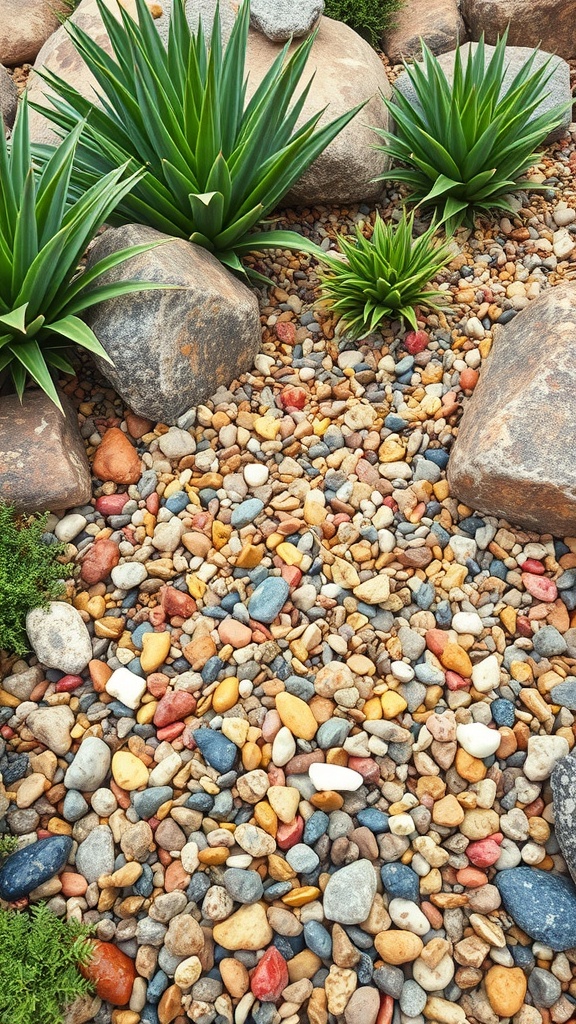 A rockery garden featuring colorful gravel and green plants.