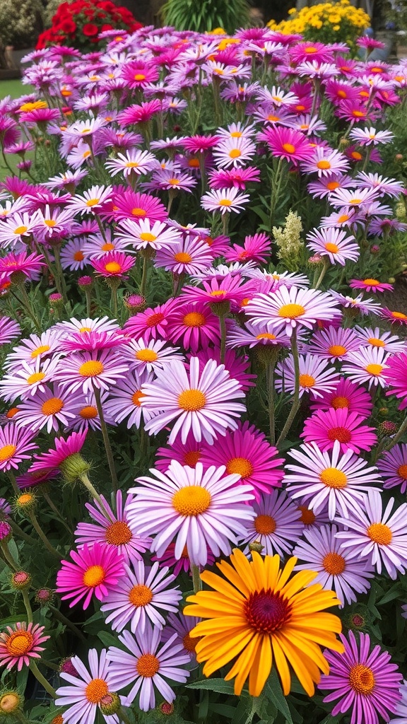 A vibrant display of colorful aster flowers in pink, purple, and yellow.