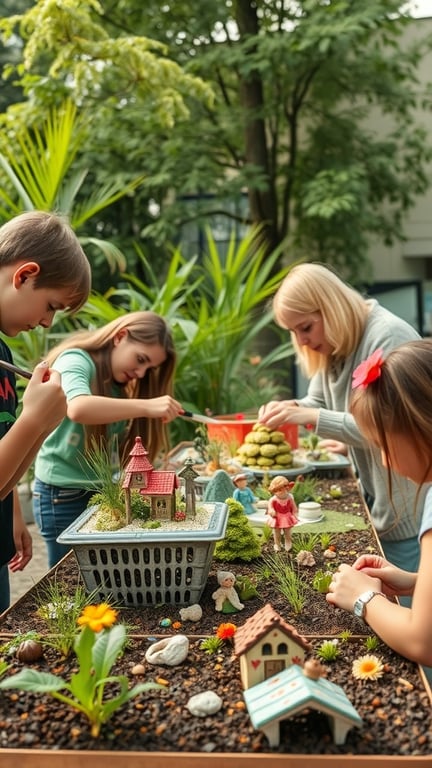 A group of people, including children and adults, participating in a fairy garden workshop, creating miniature gardens with small figurines and plants.