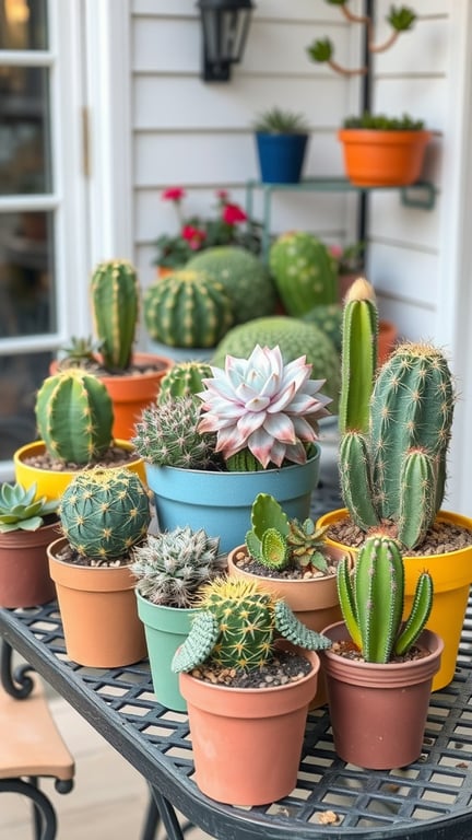 A vibrant display of various succulents and cacti in colorful pots on a patio table.