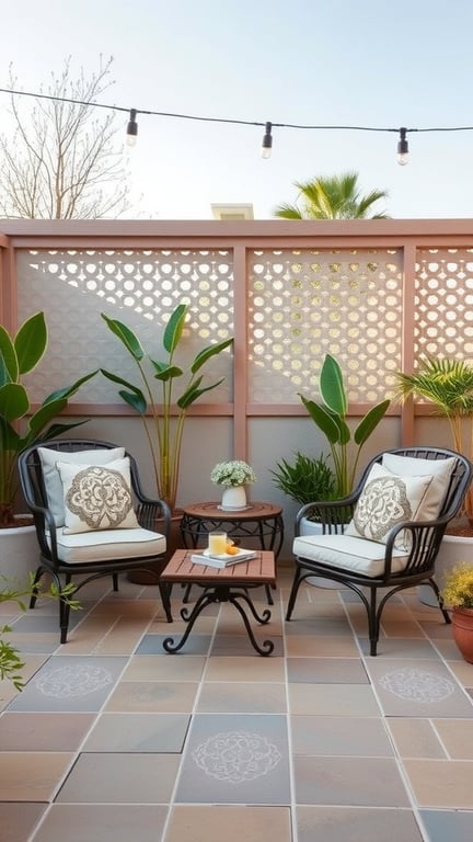 Cozy patio furniture arrangement with two chairs, a table, and plants