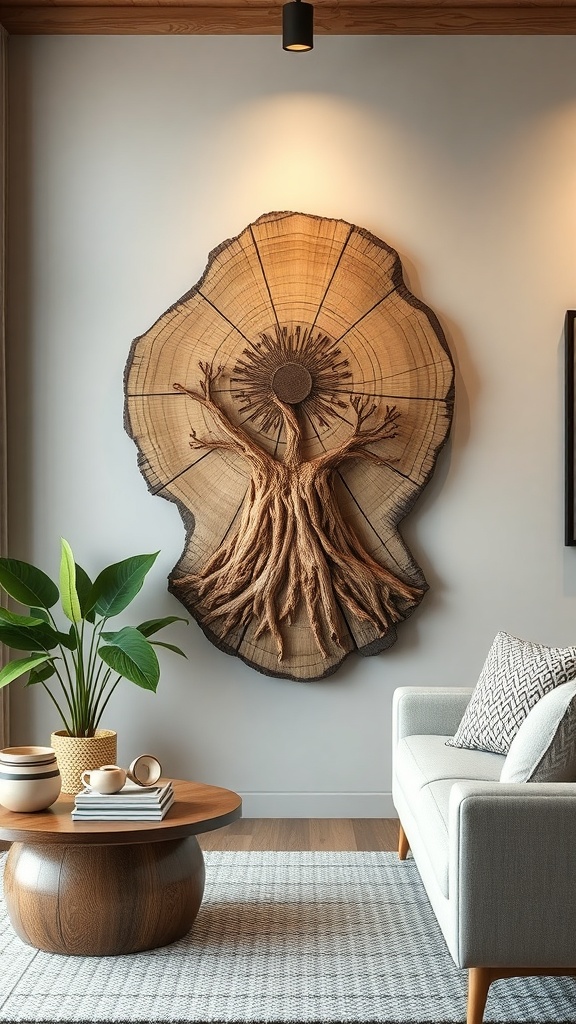 A decorative tree stump wall art piece featuring a tree design, displayed on a wall in a cozy living room setting.