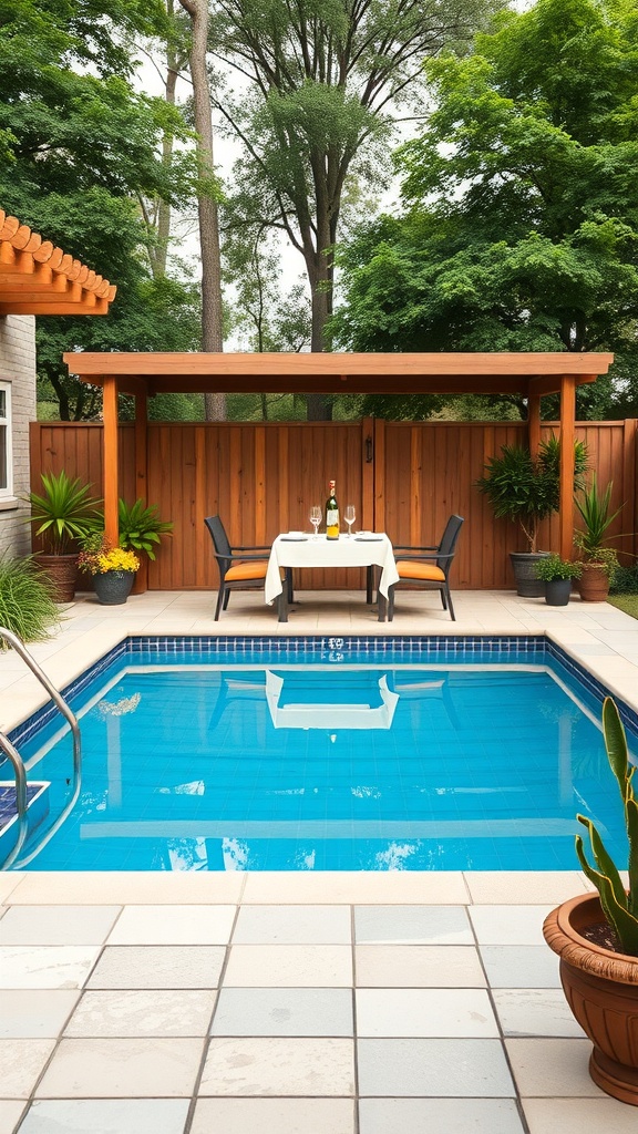 A cozy outdoor dining area next to a pool, featuring a table with two chairs and a pergola for shade.